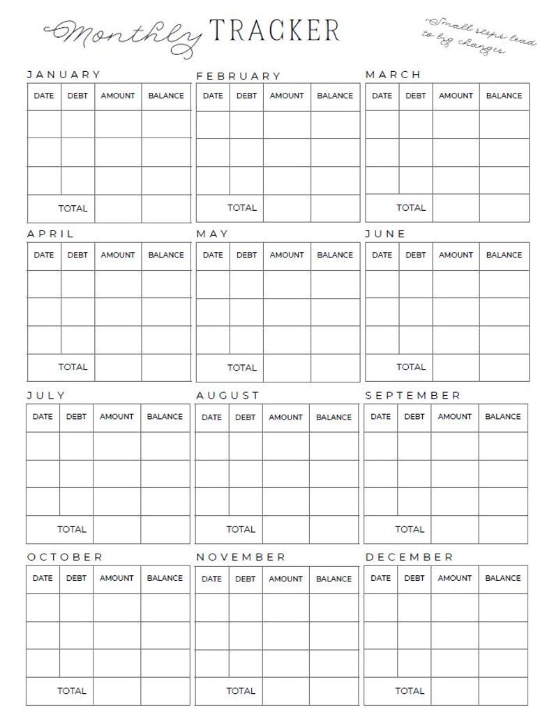May include: A black and white monthly debt tracker with sections for each month of the year. The tracker includes spaces for date, debt, amount, and balance. The text "Small steps lead to big changes" is written in cursive.