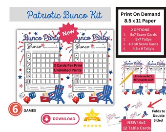 Bunco Score Cards 6 games 4th of July Bunco Cards and Tally's for Bunco Games