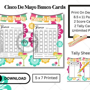 Cartes Bunco May pour fêtes de mai et cartes Bunco amusantes Cartes Bunco de style mexicain Margarita girls bunco night téléchargement immédiat