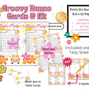 May include: Groovy Bunco game cards and kit with a retro 70s theme. The kit includes score cards, tally sheets, and table cards. The cards are printed on 8.5 x 11 inch paper. There are two options for the tally sheets and score cards.