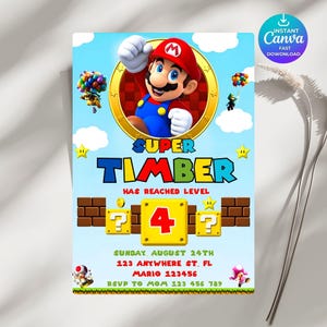 Cartão de aniversário infantil, convite de aniversário do Super Mário, convite digital para festa de aniversário dos irmãos Mário, download digital, modelo editável