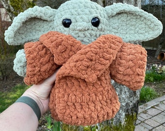 Handmade Crochet Baby Alien Plush | Removable Jacket, Stuffed Baby Yoda Doll