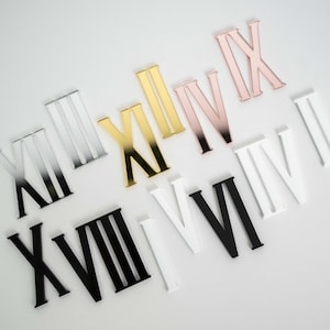 May include: Assortment of Roman numeral clock numbers in various metallic finishes, including gold, silver, and rose gold, and matte black and white. The numbers are arranged on a white surface.