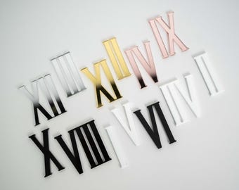 May include: Assortment of Roman numeral clock numbers in various metallic finishes, including gold, silver, and rose gold, and matte black and white. The numbers are arranged on a white surface.