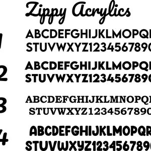 May include: A black and white image showing the font "Zippy Acrylics" with a sample of the alphabet and numbers in four different sizes. The font is bold and has a rounded, playful style.