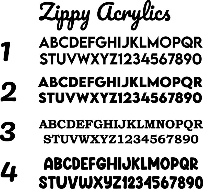 May include: A black and white image showing the font "Zippy Acrylics" with a sample of the alphabet and numbers in four different sizes. The font is bold and has a rounded, playful style.