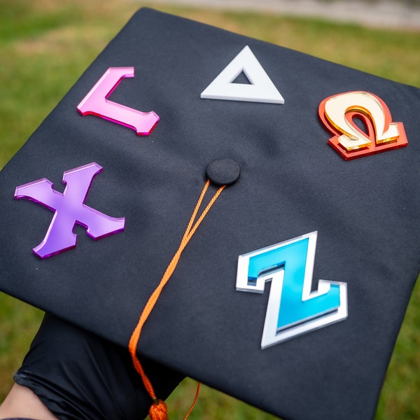 Grad Cap Greek Letters | Custom Grad Hat | Fraternity Sorority Honor Society Club | Made of Mirrored Acrylic | Graduation Class of 2024 2025