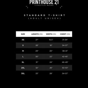 Printhouse 21™ standard t-shirts (Adult) sizing chart.