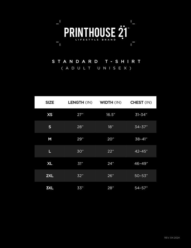 Printhouse 21™ standard t-shirts (Adult) sizing chart.