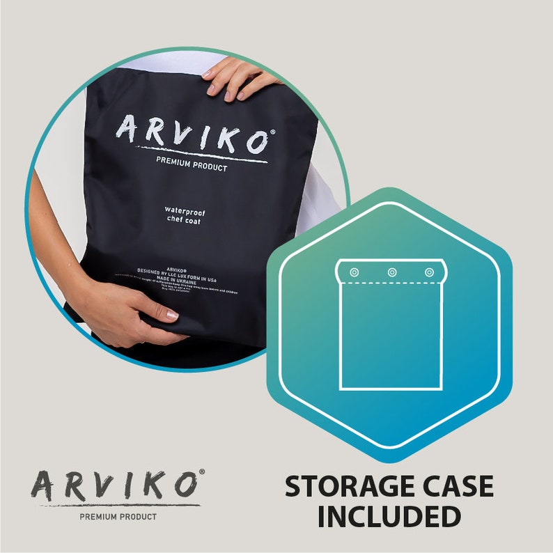 May include: A black waterproof chef coat with the text "ARVIKO PREMIUM PRODUCT" and "waterproof chef coat" printed on it. The coat is being held by a person. A white storage case with a zipper and three eyelets is shown in the background. The text "STORAGE CASE INCLUDED" is printed below the case.