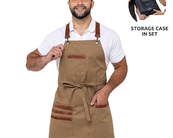 ARVIKO Unisex Bib Apron with Natural Leather Straps