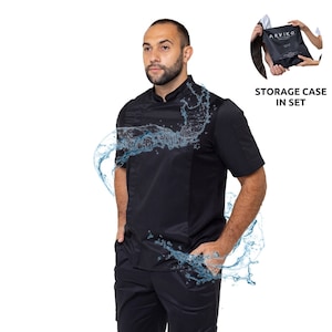 May include: A black chef's jacket with short sleeves and a mandarin collar. The jacket is water-resistant and has a storage case included.