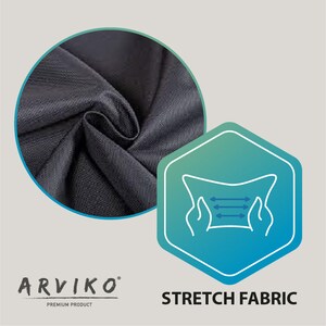 May include: Close-up of a dark gray stretch fabric. The fabric is smooth and has a slight sheen. The text "ARVIKO" is visible in the lower left corner of the image. The text "PREMIUM PRODUCT" is visible below the text "ARVIKO". A graphic of two hands stretching a piece of fabric is visible in the upper right corner of the image. The text "STRETCH FABRIC" is visible below the graphic.