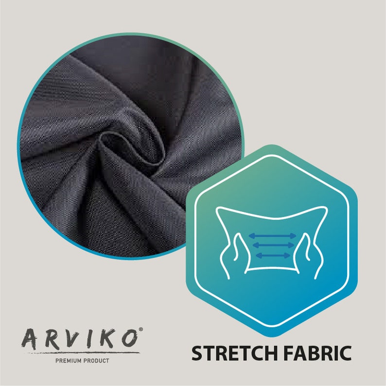 May include: Close-up of a dark gray stretch fabric. The fabric is smooth and has a slight sheen. The text "ARVIKO" is visible in the lower left corner of the image. The text "PREMIUM PRODUCT" is visible below the text "ARVIKO". A graphic of two hands stretching a piece of fabric is visible in the upper right corner of the image. The text "STRETCH FABRIC" is visible below the graphic.
