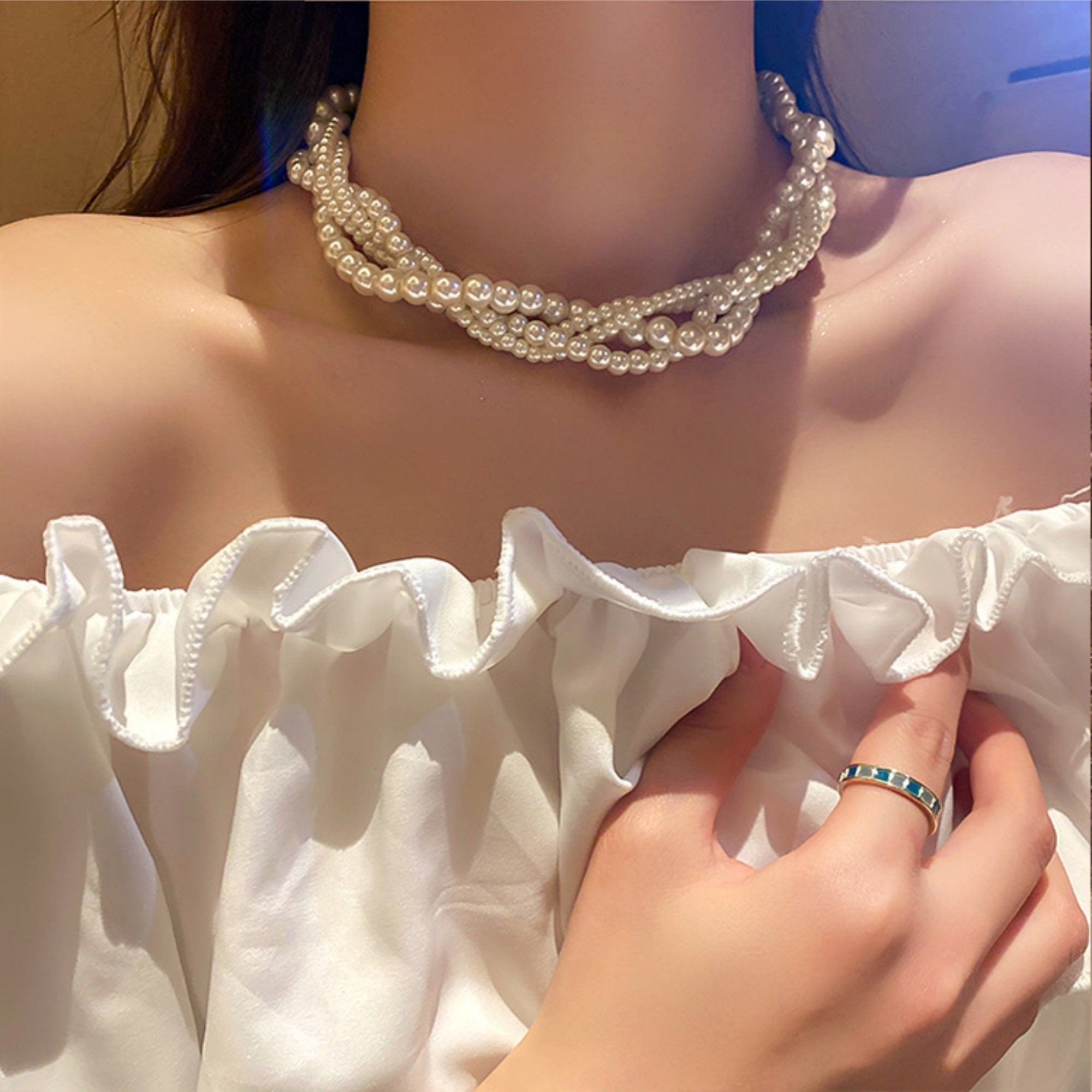 ◆VINTAGE HOLLYWOOD◆ Baroque Pearl Layered Necklace VH2479N Multi-layered Baroque Pearl Necklace Clavicle Chain Retro