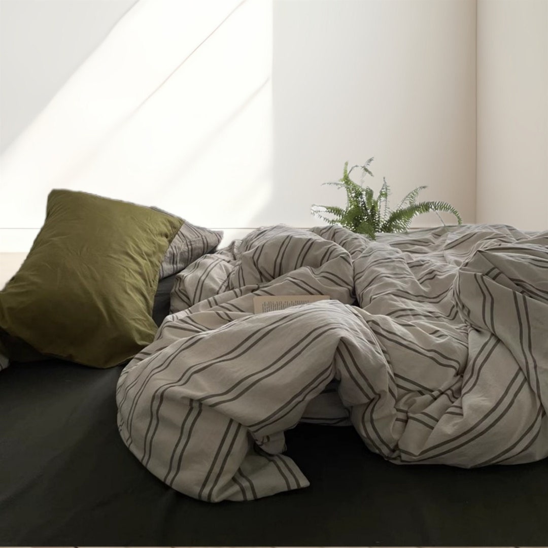 Vintage Green Striped Duvet Covers, 100 Cotton Duvet Covers, Simple