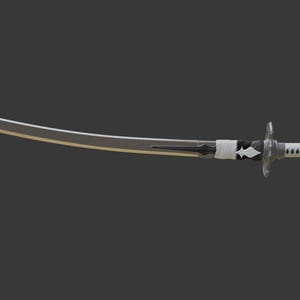 May include: A curved katana sword with a silver blade and a white handle. The sword features a black and white design near the hilt and a decorative pommel. The blade has a gold accent.