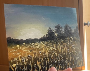 small painting of landscape with meadow and sunrise, original acrylic painting, small picture on cardboard