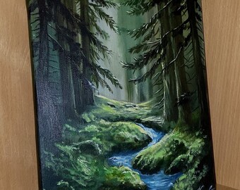 Acrylbild eines grünen Waldes mit einem Bach auf Leinwand