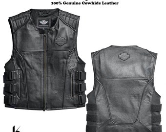 Veste de motard en cuir véritable Swat II pour homme, café racer, zippée, veste de moto en cuir Harley-Davidson noire, veste de motard HD