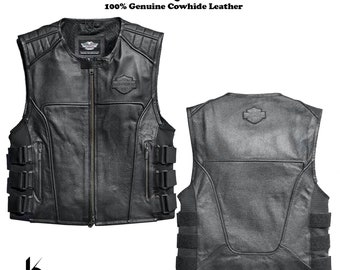 Heren Swat II echt leren vest met ritssluiting Biker Café Racer Zwart Harley-Davidson motorfiets lederen vest, HD Biker Vest