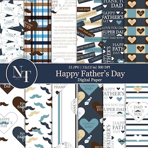 Może przedstawiać: Cyfrowy pakiet papieru na Dzień Ojca. Projekt zawiera różne wzory z wąsami, sercami, krawatami oraz frazami „Happy Father's Day”, „Thank You Dad” i „Best Dad Ever”. Paleta kolorów obejmuje granatowy, brązowy i niebieski.