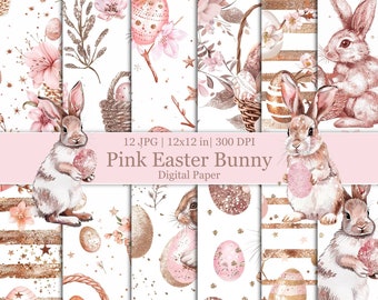 Pink Easter Digital Paper, Easter Basket Paper, Pink Easter Bunny Background, Pink Glitter Spring Floral Stripes Seamless Pattern