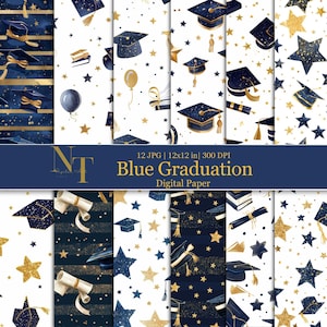 Afstuderen digitaal papier naadloos patroon, klasse van 2024, glitterblauwe en gouden strepen afdrukbaar papier, graduatie met sterachtergrond