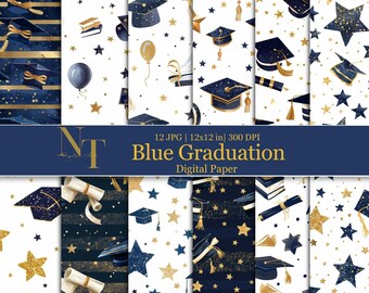 May include: Twelve digital papers featuring graduation cap, star, and book patterns in blue and gold. The papers are 12x12 inches and 300 DPI. Blue Graduation Digital Paper.