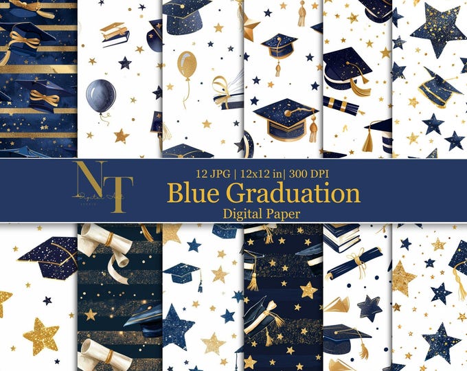Graduation Digital Paper Seamless Pattern, Class of 2024, Glitter Blue ...