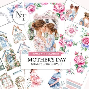 Mothers Day Shabby Chic Clipart Bundle Scrapbook Paper, Mom & Daughter Watercolor PNG, Pink Rose Cottage Printable Paper For Junk Journal
