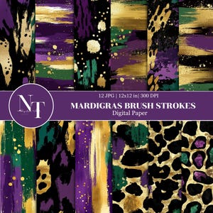 May include: Twelve digital paper designs featuring Mardi Gras themed brush strokes in gold, purple, and green on a black background. The papers are 12x12 inches and 300 DPI.