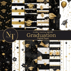 Puede incluir: Un paquete de papel digital con diseños temáticos de graduación. Los patrones incluyen gorras de graduación, estrellas, rayas y globos en negro, blanco y dorado. Se muestra el texto "Graduation Digital Paper".