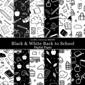 May include: Twelve digital papers featuring black and white doodle patterns of school supplies, including apples, books, pencils, backpacks, and buses. The papers are 30.5 cm by 30.5 cm and 300 DPI.