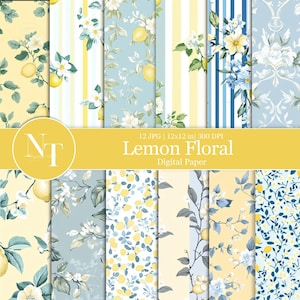 Papier numérique floral shabby chic citronné, modèle sans couture citron grand-millénaire, citrons cottage core, papier imprimable, papier de scrapbooking