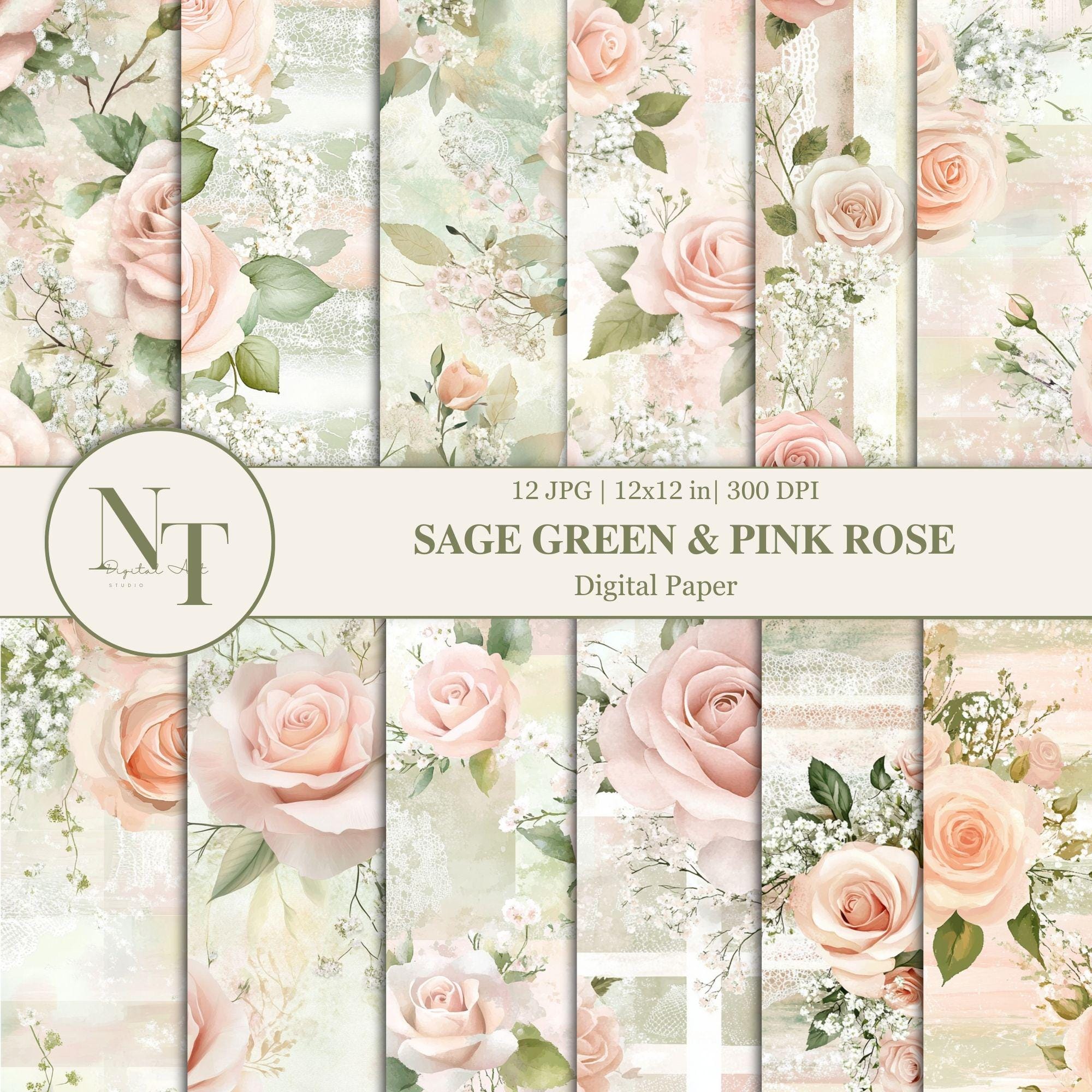 Watercolor Shabby Chic Pink Rose & Sage Green Digital Paper Seamless Pattern, Lace and Rose Scrapbook Paper, Printable Paper