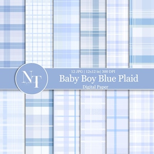 Blue Baby Boy Digital Paper, Nursery Baby Shower Seamless Pattern, Blue Plaid Scrapbook Printable Paper, Blue Gingham Scrapbook Gift for Boy