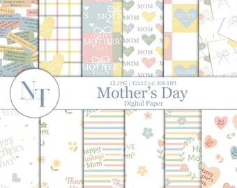 Lot de papier numérique pour la fête des mères, coeur floral pastel, papier de scrapbooking pour maman, arrière-plans pour la fête des mères, cadeau pour maman