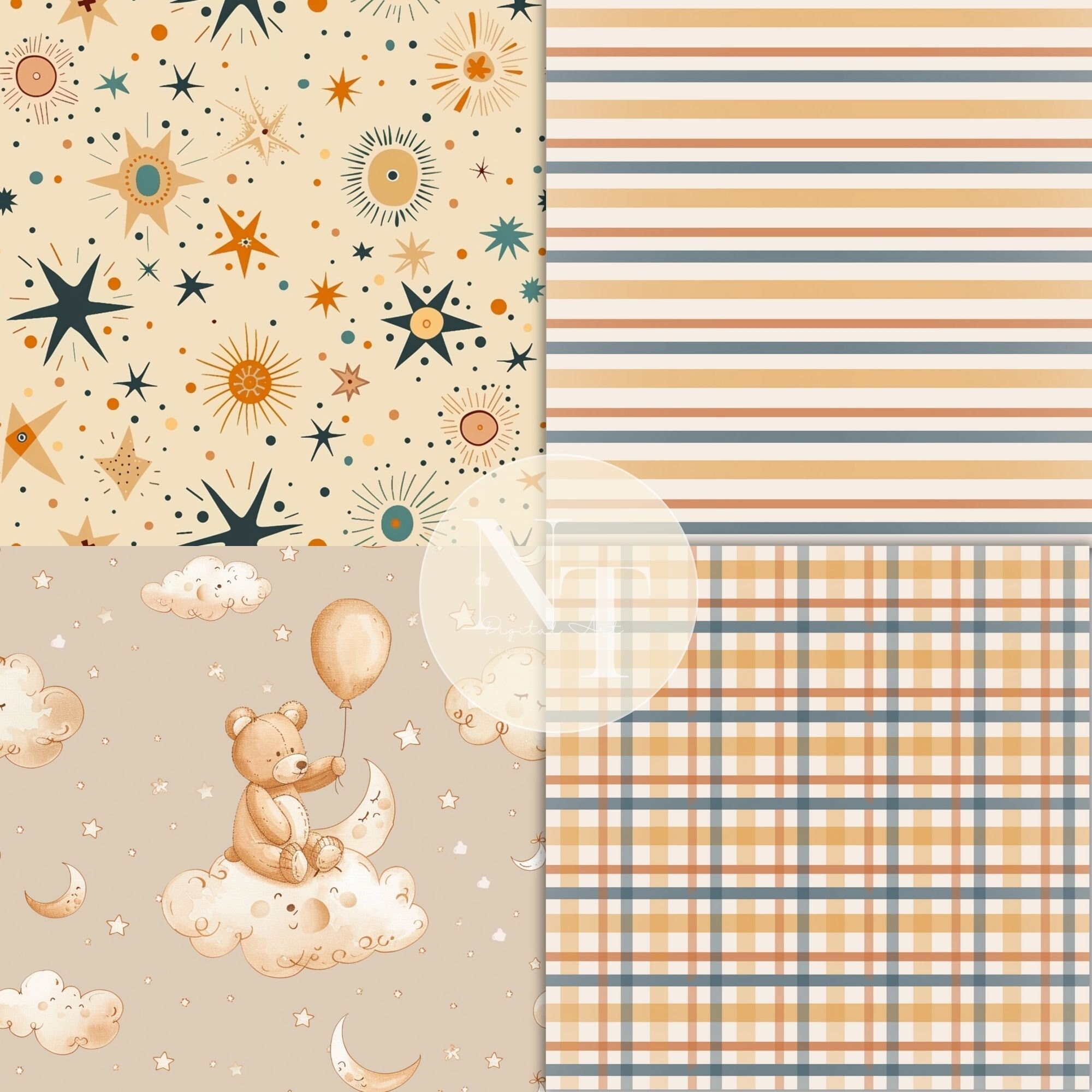 Boho Teddy Bear Digital Paper, Nursery Seamless Pattern, Baby Shower ...