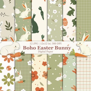 May include: A set of 12 digital papers featuring a boho Easter bunny theme. The papers include various patterns with bunnies, carrots, eggs, flowers, and geometric designs in shades of green, white, orange, and brown. The papers are 12x12 inches and 300 DPI.