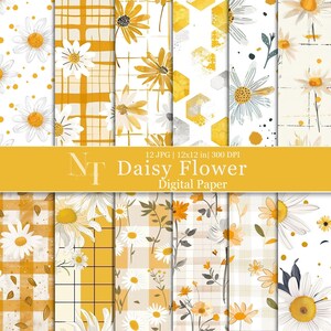 May include: A set of 12 digital papers featuring daisy flower patterns in yellow and white on a white background. The patterns include a polka dot pattern, a plaid pattern, a geometric pattern, and a floral pattern. The papers are 12x12 inches and 300 DPI.