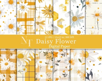 Daisy Flower Digital Paper Spring Scrapbook Paper Junk Journal  Floral Seamless Pattern Yellow Plaid Printable Paper