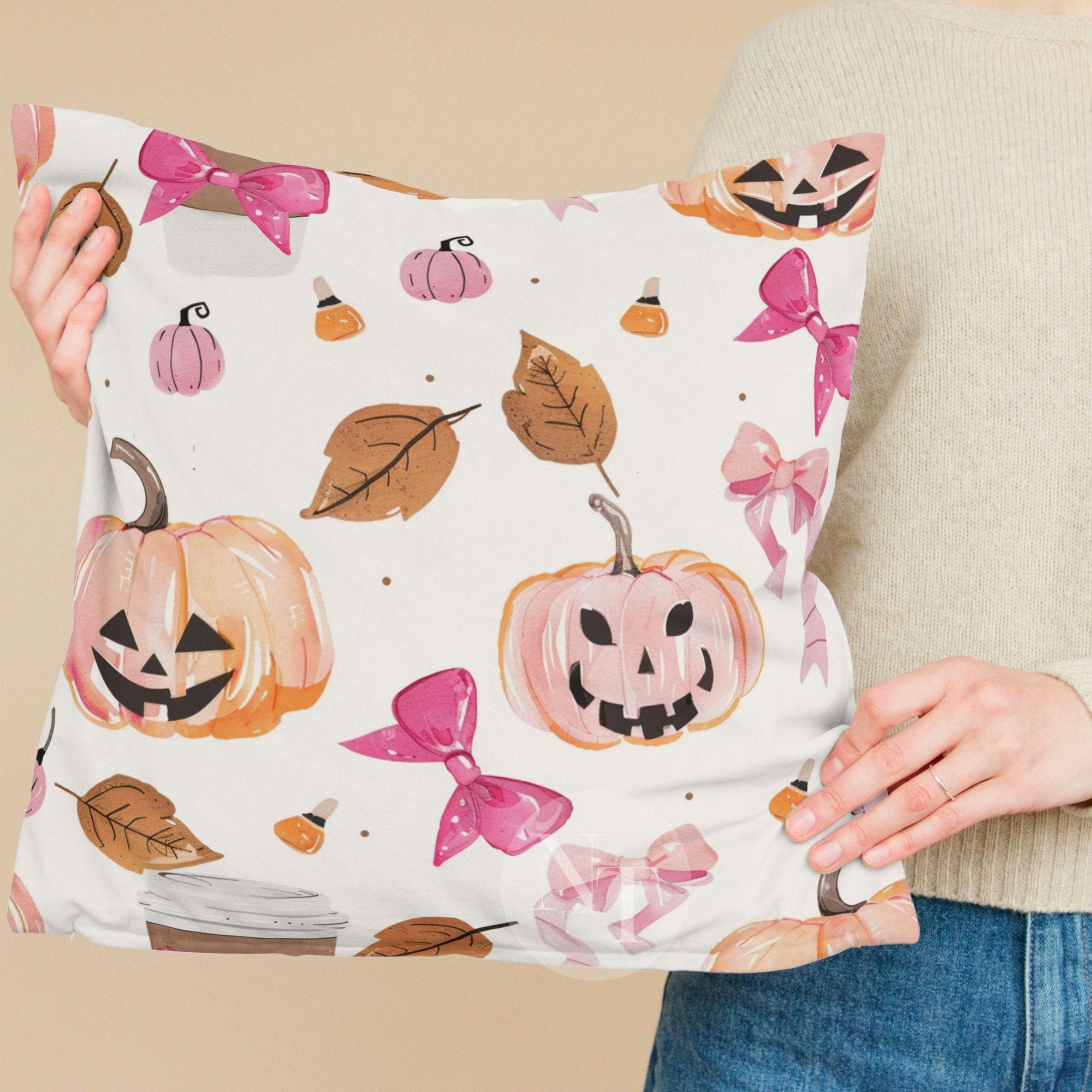 Cute Pink Ghost Halloween Digital Paper, Watercolor Halloween Seamless ...