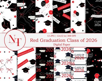 Red Graduation Digital Paper Seamless Pattern, Class of 2026,Red and Black Stripes Printable Paper, Grad with Star Background