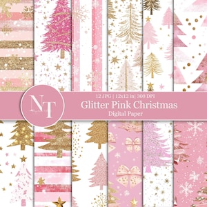Carta digitale natalizia rosa glitterata Modello senza cuciture Albero di Natale Carta stampabile Sfondo a strisce rosa e oro Fiocco di neve Stella Scrapbook