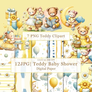 Papier numérique aquarelle ours en peluche jaune et bleu, motif bébé ours, chambre de bébé fille sans couture, scrapbooking ours en peluche, clipart bébé fille