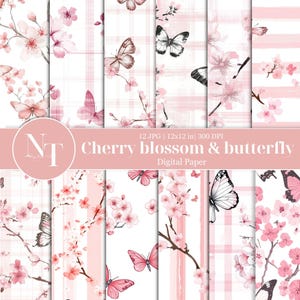 Kirschblüte Digitales Papier, Sakura Papier, Frühlingsblume, Scrapbook mit rosa Streifen und rosa Karo-Nahtlosen Muster