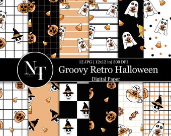 Groovy Retro Halloween Digital Paper, Cute Ghost Seamless Pattern, Vintage Halloween Scrapbook Paper, Pumpkin Candy Corn Printable Paper