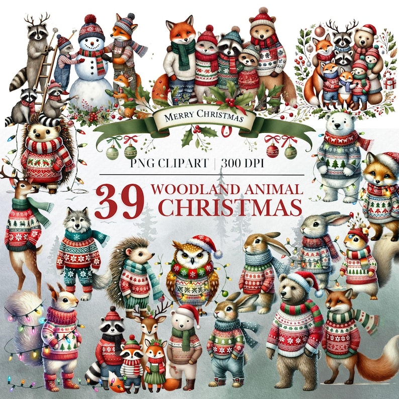 Watercolor Woodland Animal Christmas Clipart PNG, Cute Animal PNG ...