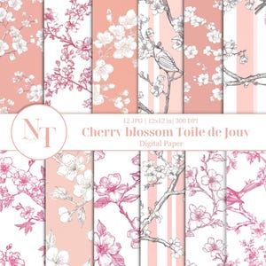 Papier numérique Toile de Jouy en fleurs de cerisier, paquet de papier Sakura, album de fleurs printanières, rayures roses et motif floral rose transparent